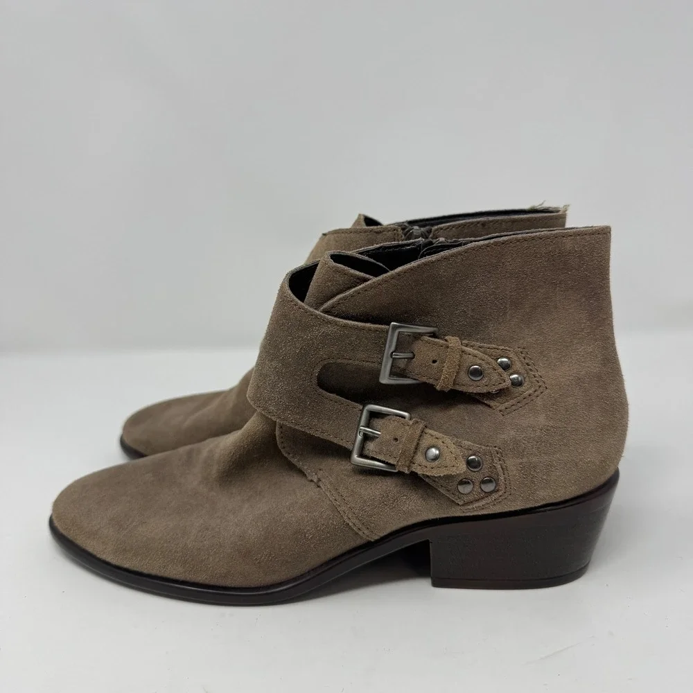 Aerosoles Women Taupe Suede Buckle‎ Ankle Boots Block Heel Side Zip Size 8.5